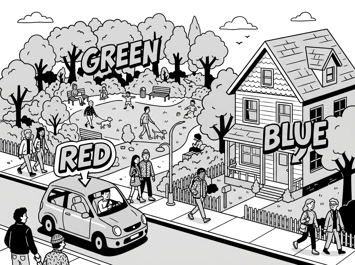 The colors are the subjects. Red is a car, blue is a house, and green is a park.
