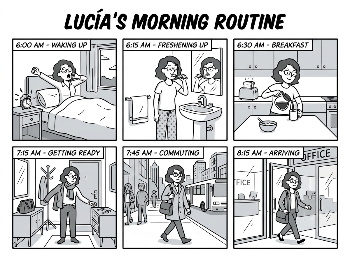 Lucía wakes up early every day and follows a simple morning routine before going to work. The story shows her habits from waking up to arriving at her job.
