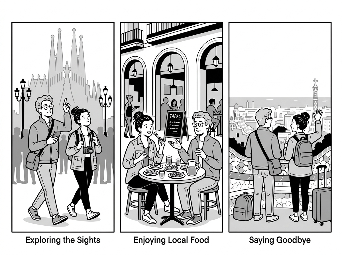 Two tourists explore the main sights of Barcelona, enjoy local food, and say goodbye to the city.